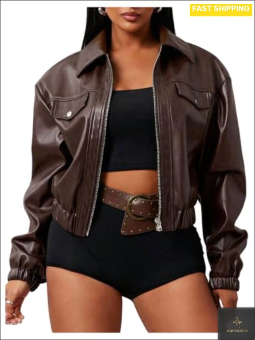 Cropped Faux Leather Jacket Zip Up Long Sleeve Y2K Moto Biker Coat